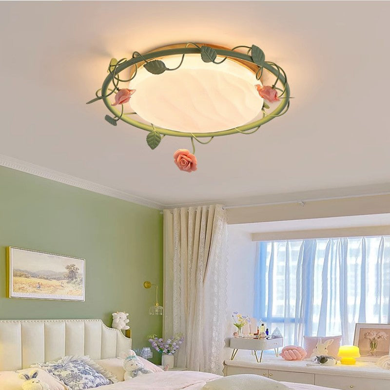 Contemporary Creative Round Square Rose Leaf Iron Rubberwood Acrylic LED Flush Mount Ceiling Light For Bedroom