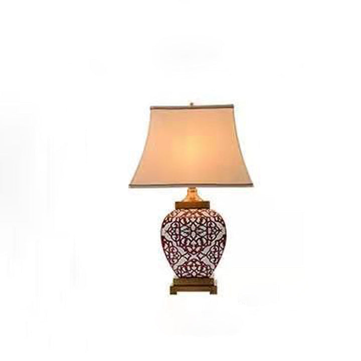 Traditional Chinese Cone Fabric Red Ceramic Jar Base 1-Light Table Lamp For Bedroom