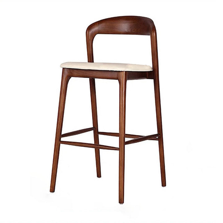 Tabouret de bar contemporain rétro à cadre carré en bois massif, revêtu de similicuir, dossier bas et repose-pieds pour salle à manger 