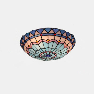 Luz de techo empotrada de 3 luces con vidrio teñido redondo mediterráneo tradicional Tiffany para sala de estar 