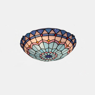 Traditional Tiffany Mediterranean Round Stained Glass 3-Light Flush Mount Ceiling Light For Living Room