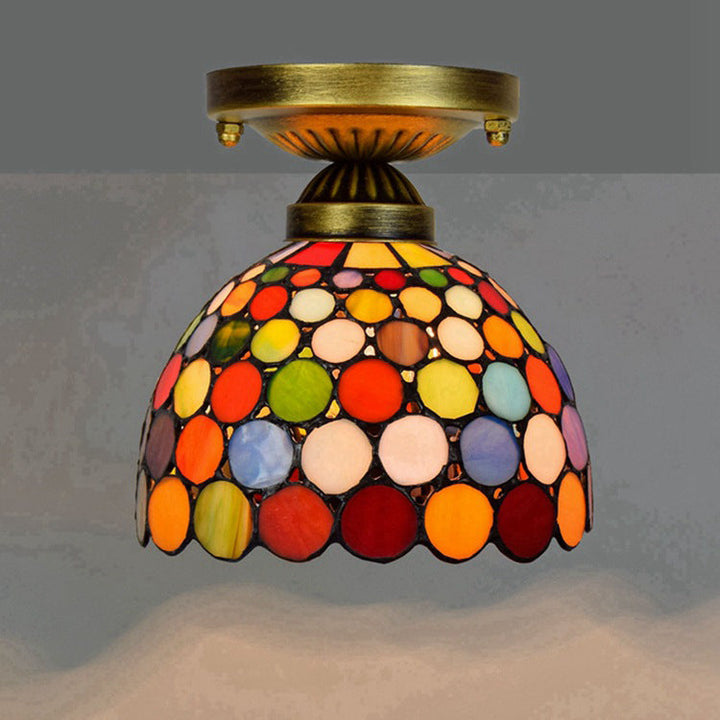 Traditionelle Tiffany-Deckenleuchte, rund, gepunktet, konisch, Eisen, Buntglas, 1-flammig, halbbündige Montage, für Wohnzimmer 