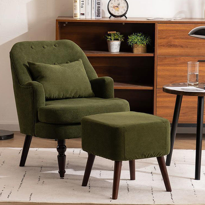 Chaise d'appoint traditionnelle vintage en velours côtelé carré avec dossier et accoudoirs en bois de caoutchouc pour salon 