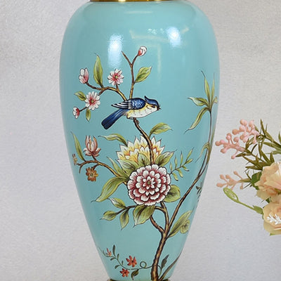 Traditional Chinese Cylindrical Floral And Bird Pattern Metal Ceramic Fabric 1-Light Table Lamp For Bedroom