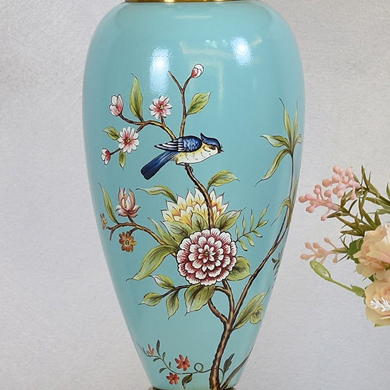 Traditional Chinese Cylindrical Floral And Bird Pattern Metal Ceramic Fabric 1-Light Table Lamp For Bedroom