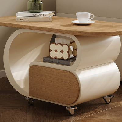 Contemporary Scandinavian Oval Multi-Layer Solid Wood Carbon Steel Movable Side Table 1-Drawer For Living Room