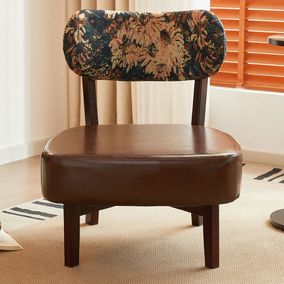 Traditional French Rectangular Cotton-Linen Fabric Oiled Leather Solid Wood Accent Chair Backrest Armless For Living Room