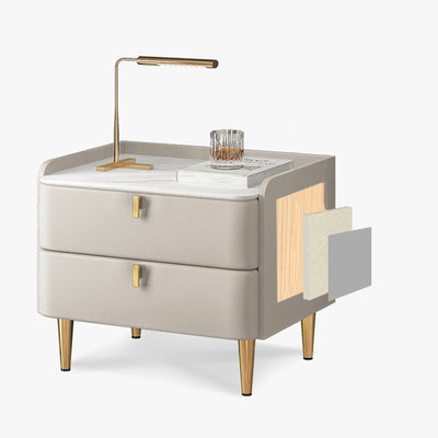 Table de nuit moderne en cuir, bois de pin et acier au carbone avec plateau rectangulaire et 2 tiroirs 
