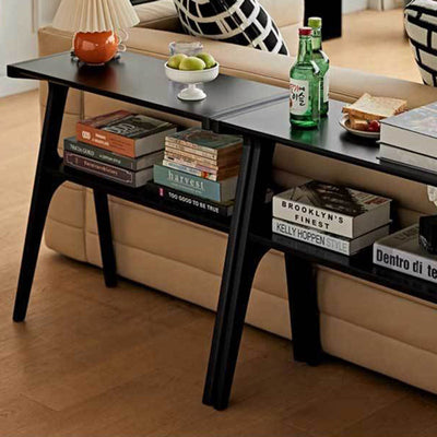 Table d'appoint rectangulaire contemporaine en bois de hêtre et caoutchouc à 2 niveaux pour salon 