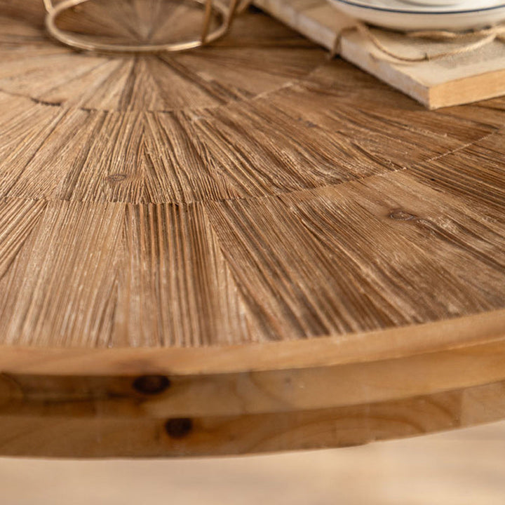 Table basse rustique traditionnelle ronde en bois de sapin et fer, 1 niveau, pour salon 