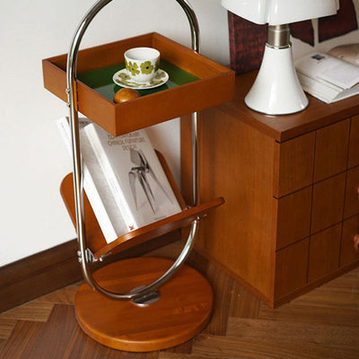 Table d'appoint contemporaine rétro carrée à base ronde en bois de cerisier et acier inoxydable à 2 niveaux pour salon 