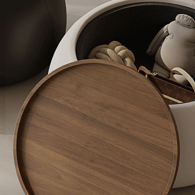 Contemporary Nordic Round Cylinder Walnut Wood Microfiber Leather Coffee Table 1-Storage For Living Room