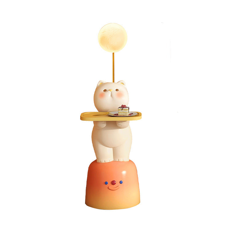 Moderner Art Deco Kinder Katzen rechteckiger Harz Metall Holz Beistelltisch 1-Tablett mit LED-Licht für Schlafzimmer 