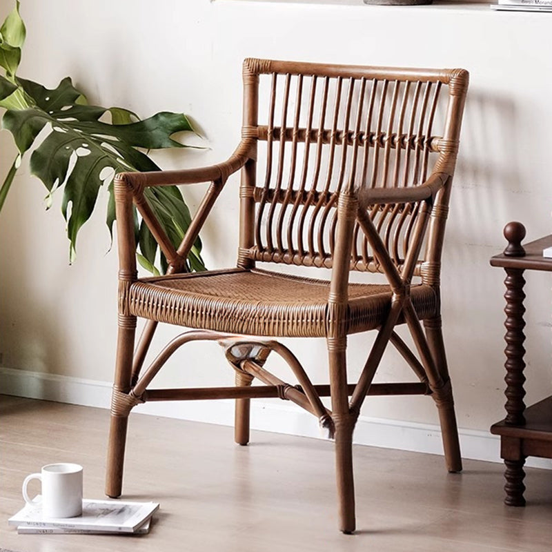 Traditional Farmhouse Rectangular Rattan Solid Wood Dining Chair Backrest Armrest For Dining Room