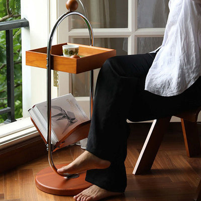 Table d'appoint contemporaine rétro carrée à base ronde en bois de cerisier et acier inoxydable à 2 niveaux pour salon 