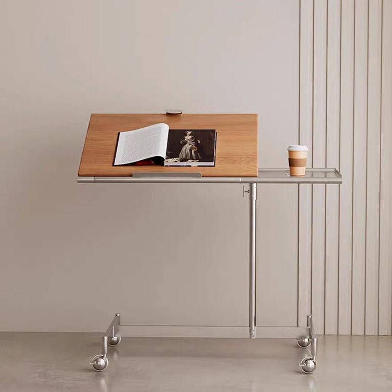 Contemporary Nordic Rectangular Round Pole Solid Wood Stainless Steel Liftable Side Table For Living Room