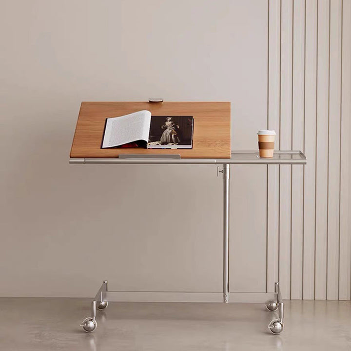 Contemporary Nordic Rectangular Round Pole Solid Wood Stainless Steel Liftable Side Table For Living Room