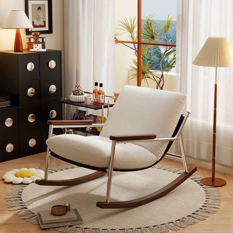 Contemporary Scandinavian Electroplated Silver Iron Corduroy PP Cotton Rubberwood Solid Wood Rocking Chair For Living Room