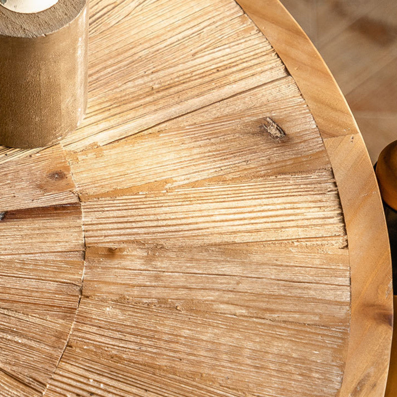 Table basse rustique traditionnelle ronde en bois de sapin et fer, 1 niveau, pour salon 