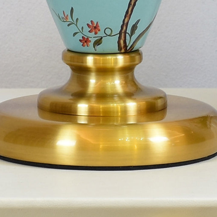 Lampe de table 1-lumière en tissu céramique métallique à motif floral et oiseau cylindrique chinois traditionnel pour chambre 