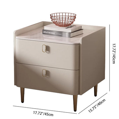 Table de chevet moderne minimaliste en cuir microfibre de pin avec panneau carré en pierre, 2 tiroirs pour chambre à coucher 