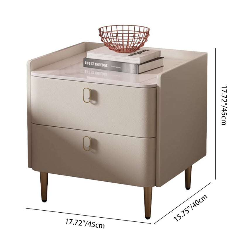 Table de chevet moderne minimaliste en cuir microfibre de pin avec panneau carré en pierre, 2 tiroirs pour chambre à coucher 