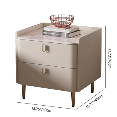 Table de chevet moderne minimaliste en cuir microfibre de pin avec panneau carré en pierre, 2 tiroirs pour chambre à coucher 