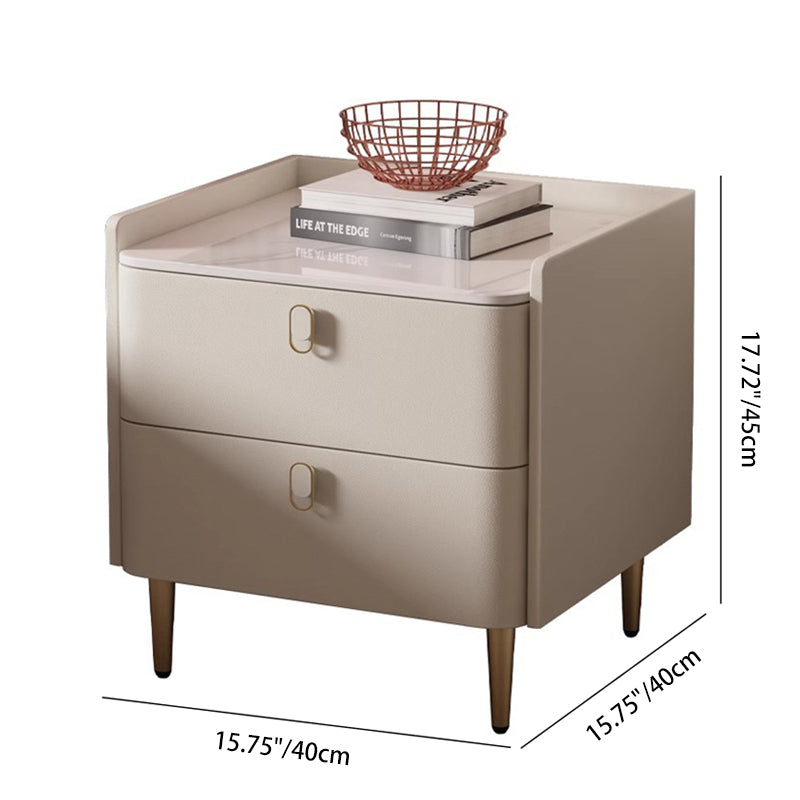 Table de chevet moderne minimaliste en cuir microfibre de pin avec panneau carré en pierre, 2 tiroirs pour chambre à coucher 
