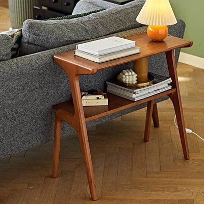 Table d'appoint rectangulaire contemporaine en bois de hêtre et caoutchouc à 2 niveaux pour salon 