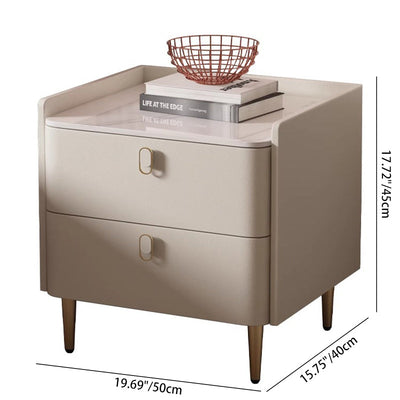 Table de chevet moderne minimaliste en cuir microfibre de pin avec panneau carré en pierre, 2 tiroirs pour chambre à coucher 