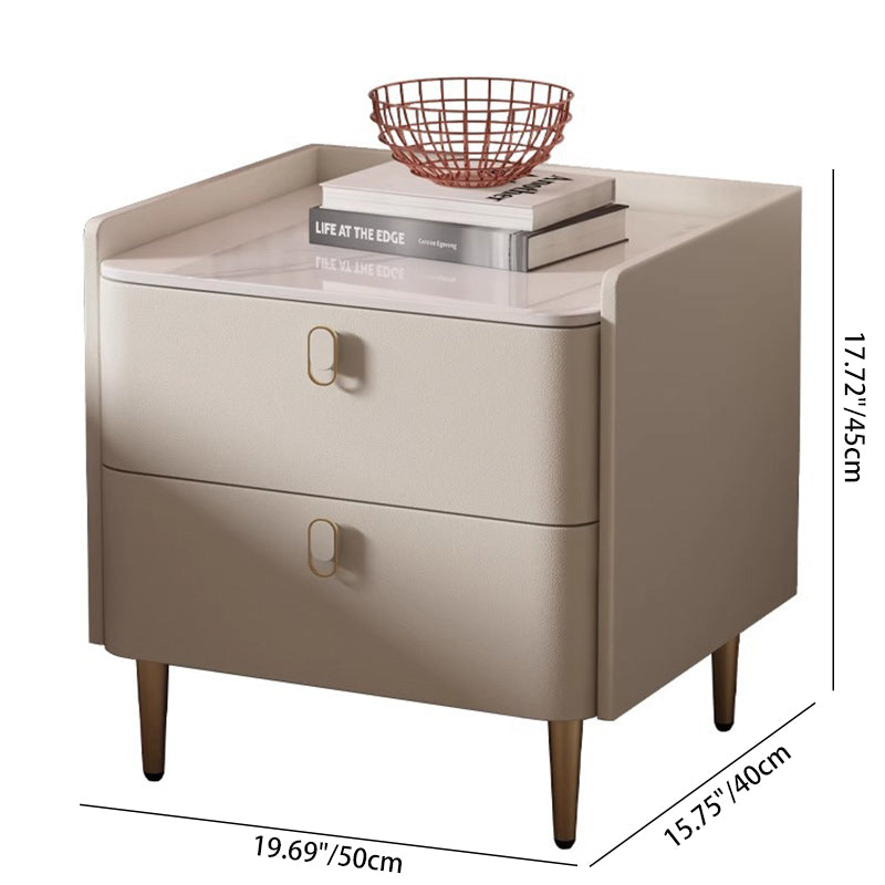 Table de chevet moderne minimaliste en cuir microfibre de pin avec panneau carré en pierre, 2 tiroirs pour chambre à coucher 