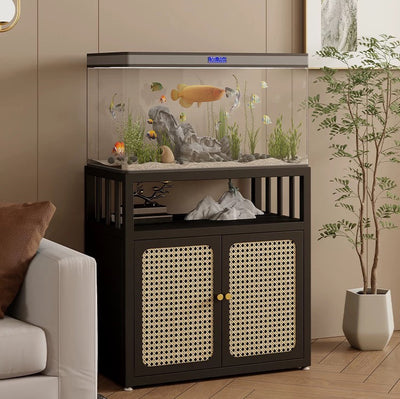 Traditional Chinese Square Carbon Steel Tempered Glass PE Rattan Side Table 1-Cabinet 1-Tier For Living Room