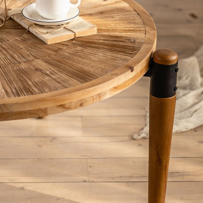 Table basse rustique traditionnelle ronde en bois de sapin et fer, 1 niveau, pour salon 