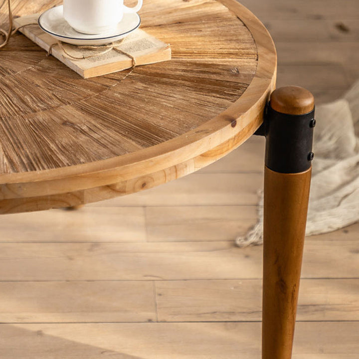 Table basse rustique traditionnelle ronde en bois de sapin et fer, 1 niveau, pour salon 