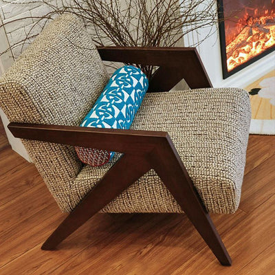 Traditional French Rectangular Cotton-Linen Fabric Solid Wood Accent Chair Backrest Armrest For Living Room