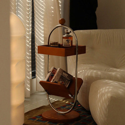 Table d'appoint contemporaine rétro carrée à base ronde en bois de cerisier et acier inoxydable à 2 niveaux pour salon 