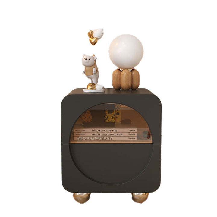 طاولة ليلية من الفولاذ المقاوم للصدأ بزاويا مربعة مستديرة من الجلد الصناعي مع سطح زجاجي، درجين لغرفة النوم على الطراز الاسكندنافي المعاصر 