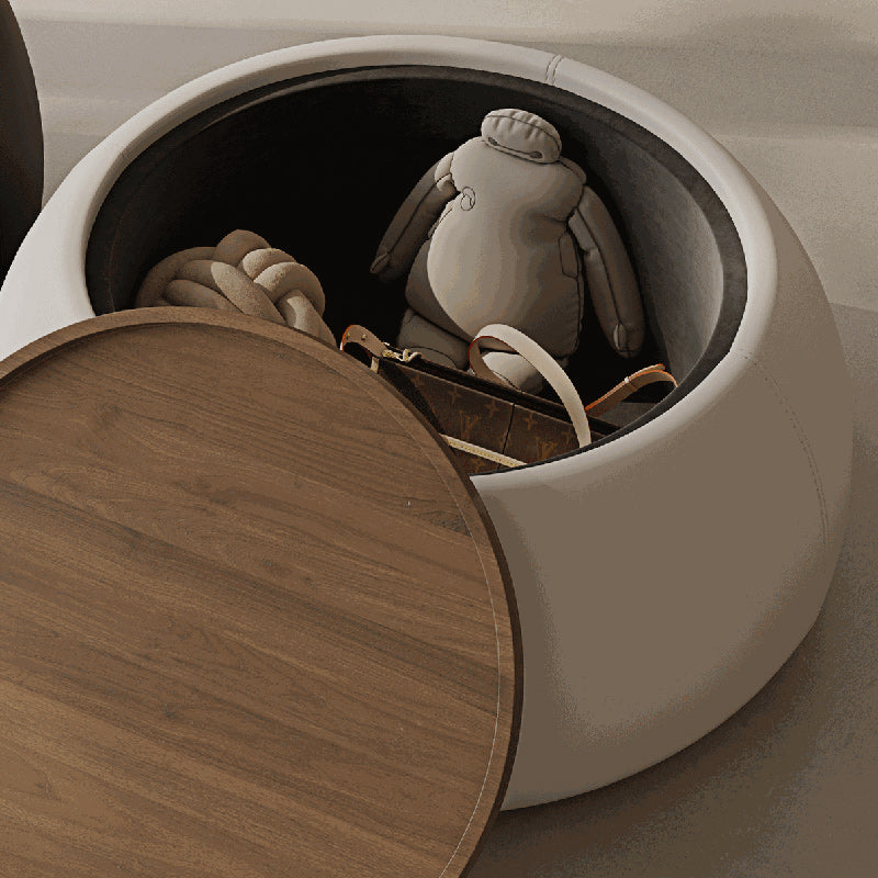 Contemporary Nordic Round Cylinder Walnut Wood Microfiber Leather Coffee Table 1-Storage For Living Room