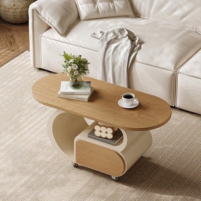 Contemporary Scandinavian Oval Multi-Layer Solid Wood Carbon Steel Movable Side Table 1-Drawer For Living Room