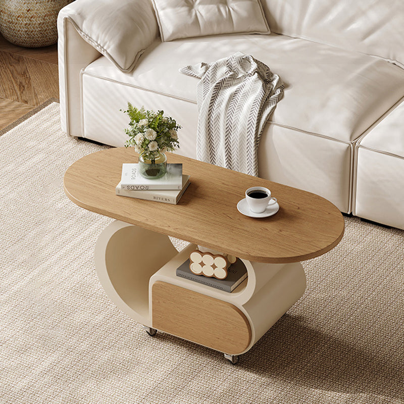 Contemporary Scandinavian Oval Multi-Layer Solid Wood Carbon Steel Movable Side Table 1-Drawer For Living Room