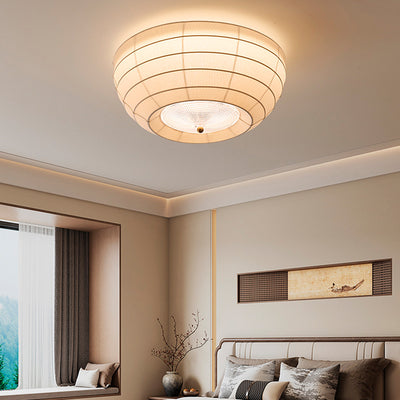 Traditional Japanese Round Hardware Fabric Crystal LED Flush Mount Ceiling Light For Bedroom