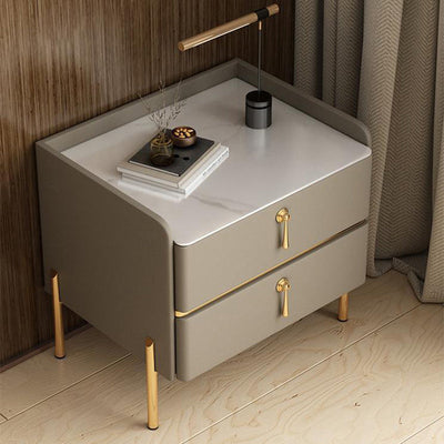 Table de chevet moderne en cuir avec 2 tiroirs rectangulaire en bois massif pour chambre 