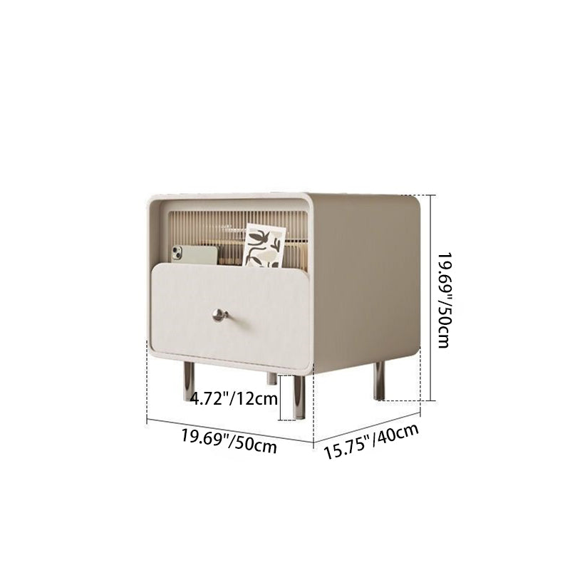 Modern Minimalist Square Microfiber Leather Medium Density Fiberboard Glass Stainless Steel Nightstand 1-Drawer For Bedroom