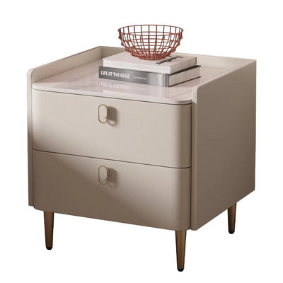 Table de chevet moderne minimaliste en cuir microfibre de pin avec panneau carré en pierre, 2 tiroirs pour chambre à coucher 