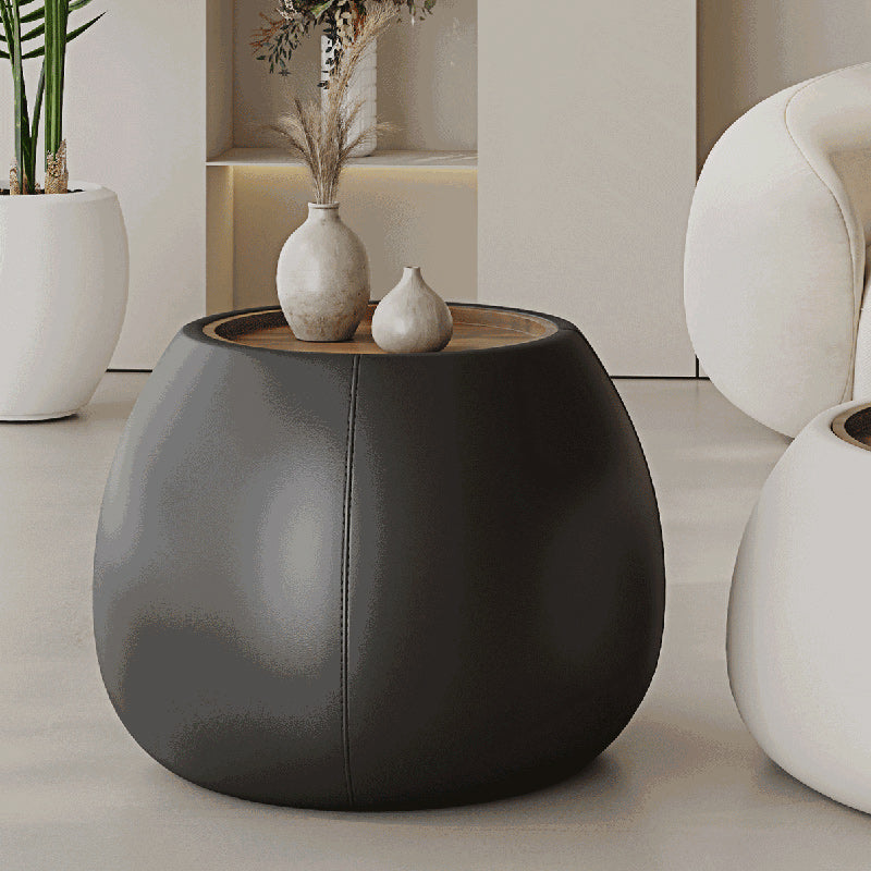Contemporary Nordic Round Cylinder Walnut Wood Microfiber Leather Coffee Table 1-Storage For Living Room