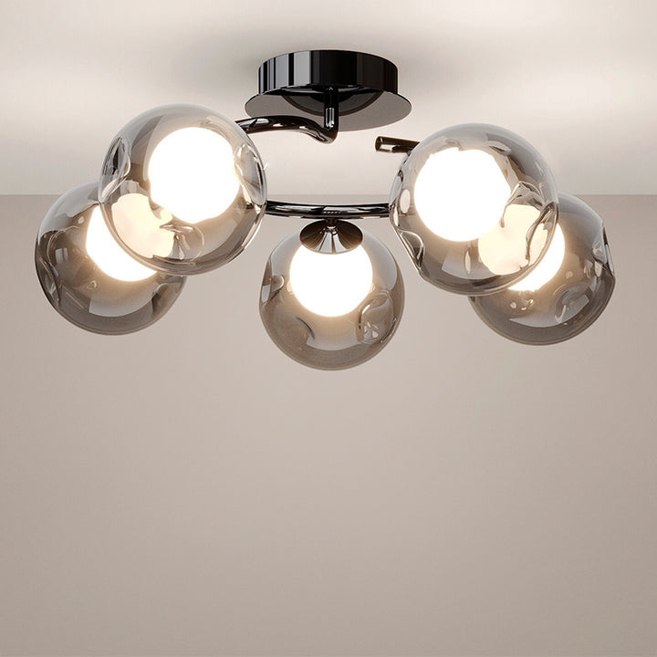 Modern Mid-Century Round Electroplated Glass Stainless Steel Carbon Steel 5-Light Semi-Flush Mount Ceiling Light For Living Room