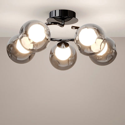 Modern Mid-Century Round Electroplated Glass Stainless Steel Carbon Steel 5-Light Semi-Flush Mount Ceiling Light For Living Room