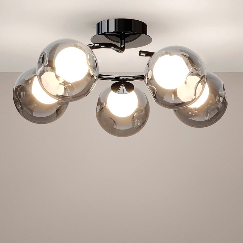 Modern Mid-Century Round Electroplated Glass Stainless Steel Carbon Steel 5-Light Semi-Flush Mount Ceiling Light For Living Room