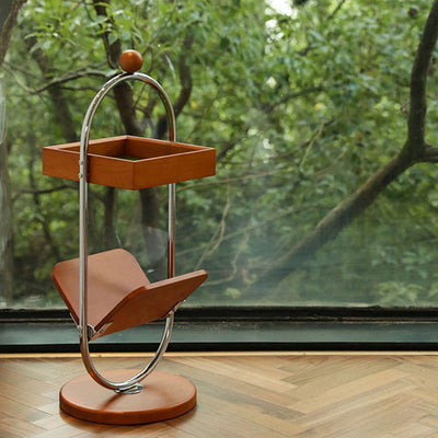 Table d'appoint contemporaine rétro carrée à base ronde en bois de cerisier et acier inoxydable à 2 niveaux pour salon 