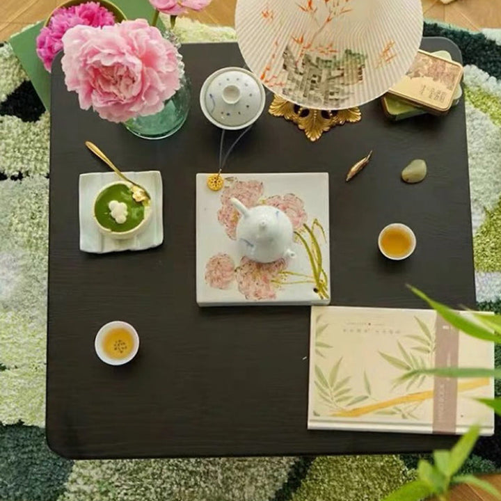 Conjunto de mesa de centro y sillas tatami cuadradas japonesas tradicionales de tela sherpa blanca y madera de pino Toon para sala de estar 